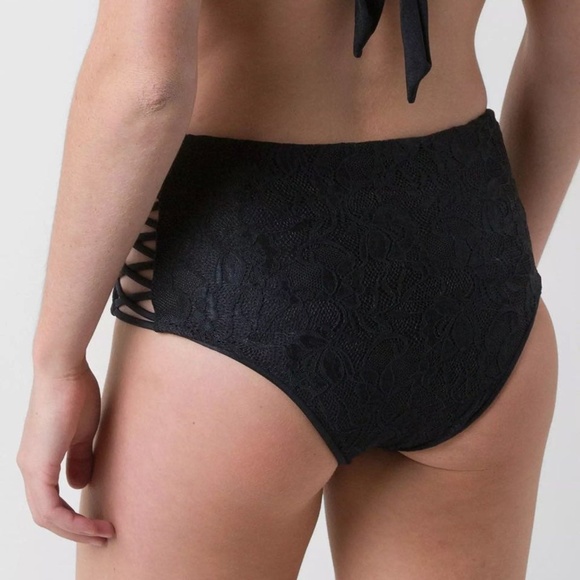 Amuse Society High Waist Black Lace Sola Stretch Crisscross Side Bikini Bottom - Picture 5 of 5